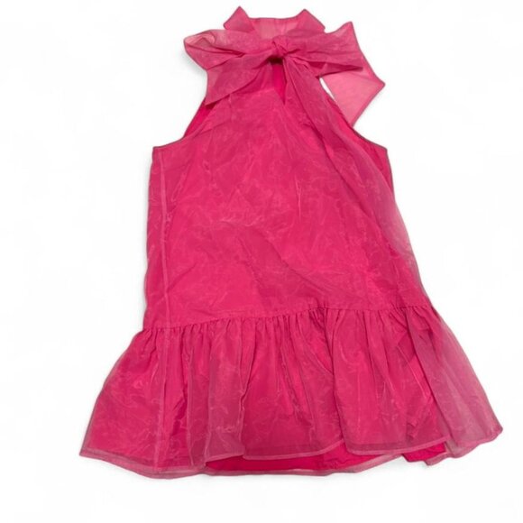 TCEC Hot Pink Bow Tie Neck Mini Dress | Size L | Organza Ruffle Hem - Picture 2 of 4